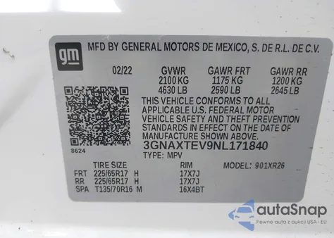 2022 Chevrolet Equinox Awd 2Fl z USA, uszkodzony, nr VIN 3GNAXTEV9NL171840